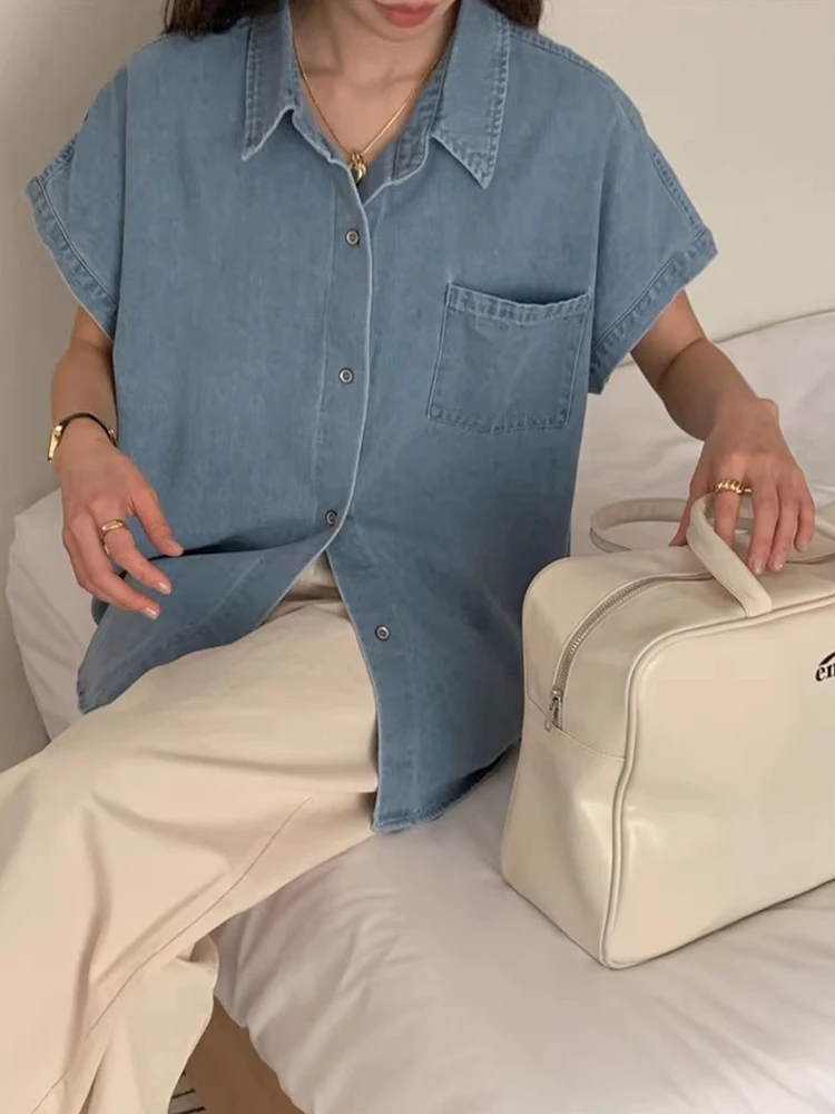 

Женский воротник в стиле ретро Lazy Sle Single ket Loose Fit ort Sve Denim irt Chic Summer Commute Faion, корейская версия