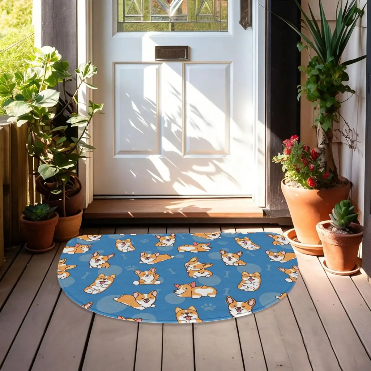 Corgi Puppy Lie Down In Blue Background Flannel Half Round Doormat Non Slip Bathroom Mat Absorbent Floor Carpet for Home Bedroom