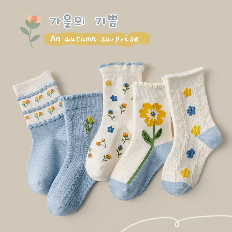 Chaussettes en coton avec motif de dessin animé lapin mignon pour bébé fille, chaussettes d'équipage pour bébé, printemps, automne, lot de 5 paires