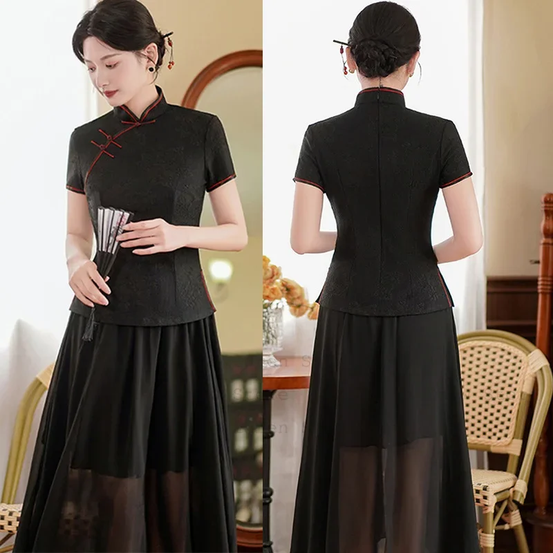 Lace Cheongsam Top Women Elegant Qipao Tang Clothes Women Summer Spring New Shirt Vintage Mandarin Collar Blouse Big Size 3Xl4Xl