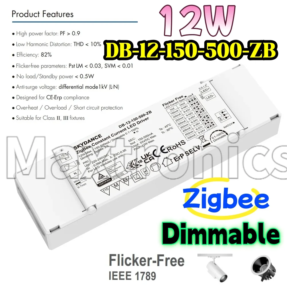 12W 150-500mA Dimmable Power Supply Zigbee Constant Current LED Driver TUYA  Alexa Voice Smart Control Dimming DB-12-150-500-ZB