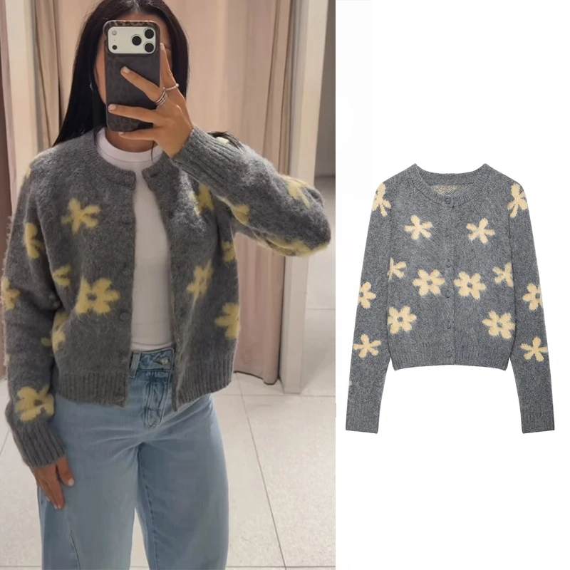 Women's Coat 2026 New Fashion Autumn Winter Long-Sleeve Floral Jacquard Knit Cardigan Jacket Versatile Chic Ladies Outerwear