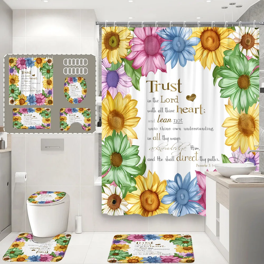 4Pcs Floral Shower Curtain Butterfly Farm Truck Inspirational Quotes Sunflower Plant Home Bathroom Decor Set Rug Toilet Cover