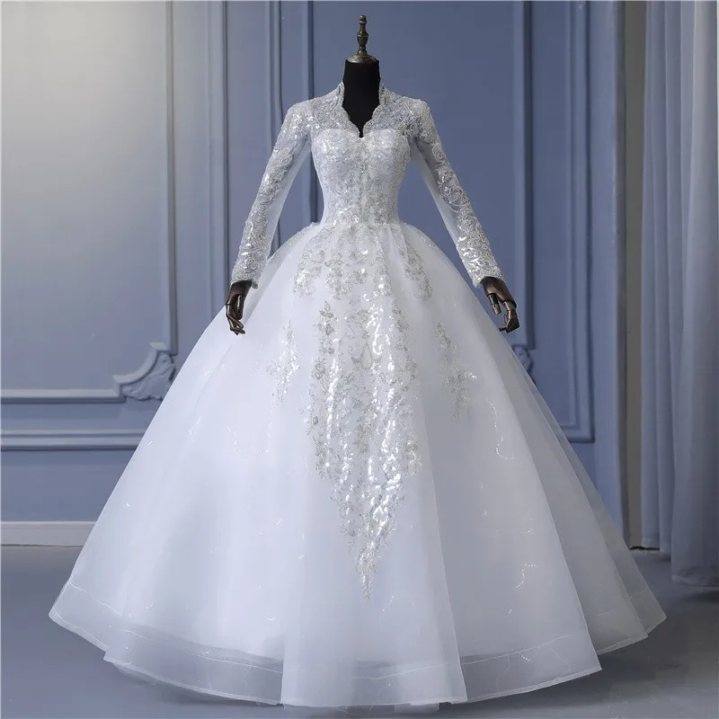 Customized Long Sleeved Ivory Wedding Dress 2025 New V Neck Luxury Beading Princes Wedding Gown Vestido De Noiva Real Video