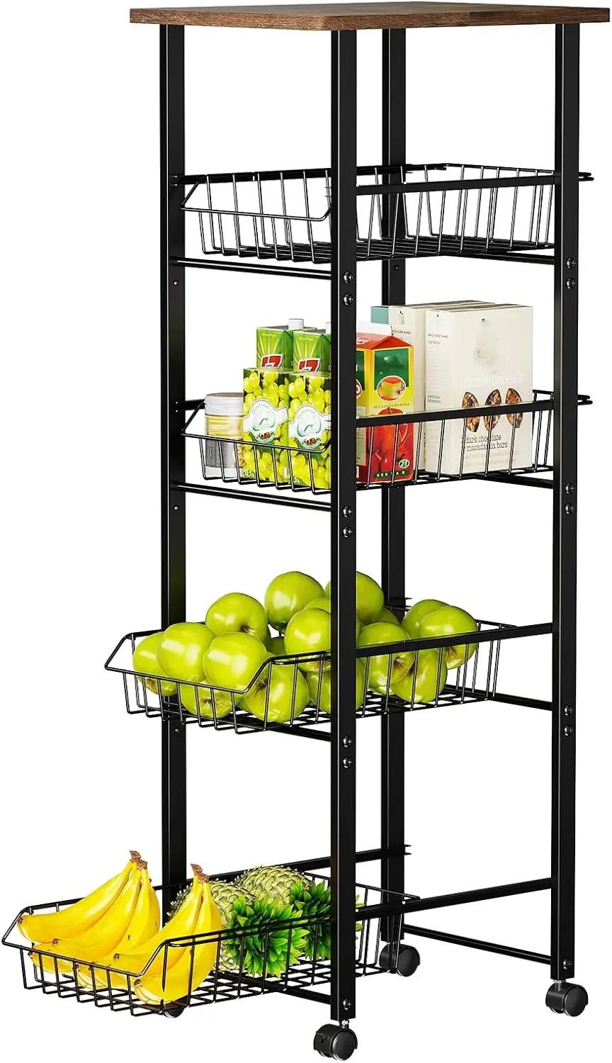 

Fruit Vegetable Basket for Kitchen,5 Tier Kitchen Organizer and Storage Cart with Wheels,Slide-Out Baskets and Wood Top,