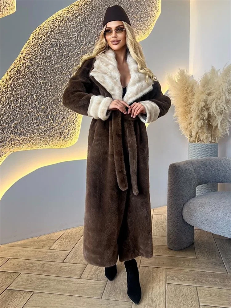 

Tossy Winter Lace-Up Fur Feather Overcoat For Women Lapel High Waist Warm Patchwork Outwear Luxury Elegant Faux Fur jacket 2025
