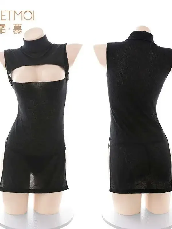 Poitrine ouverte col haut surrobe débardeur de couchage Mini robe maille dentelle pure Sexy pur désir robe élégante chaude Sexy femmes XOA8