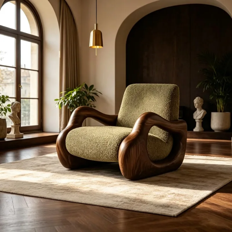 Organic solid wood modern style chair, curved hollow frame, fabric single casual armchair, suitable for living room and villa