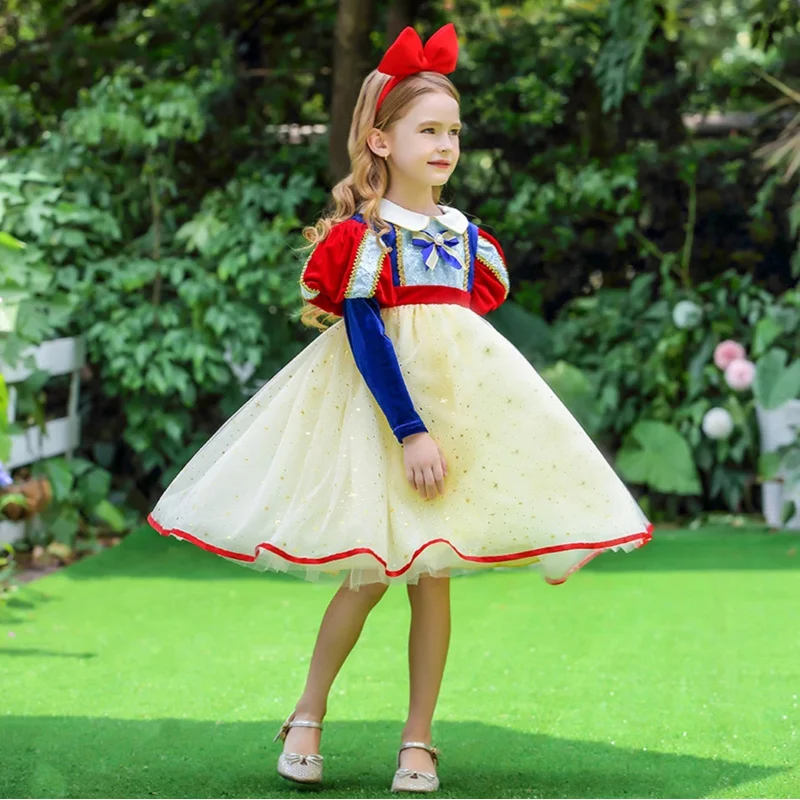 Snow White Costume For Kids Carnival Party Cosplay Outfits Girl Princess Role Playing Frocks Long Sleeve Mesh Prom Dress