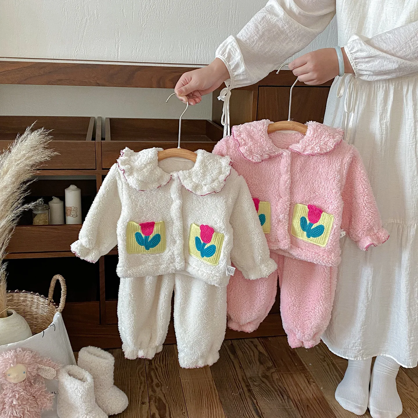 

Children's Infant Baby Girl Pajamas Sets Winter Peter Pan Collar Thick Warm Newborn Girls Tops+mid Waist Toddler Kids Girls Pant