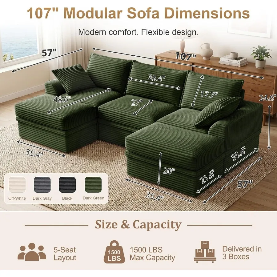 Modular Sectional Couch with Storage, Couches for Living Room, Corduroy 5-Seat U Shaped Upgraded Boneless Couch with 2 Ottomans