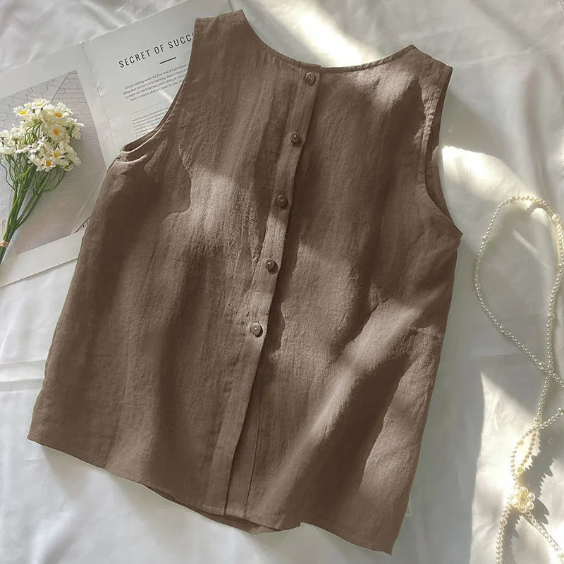 2026 Summer Crew Neck Reversible Linen Cotton Vest Women Breathable Light Sleeveless Casual Commuter Waistcoat Tops