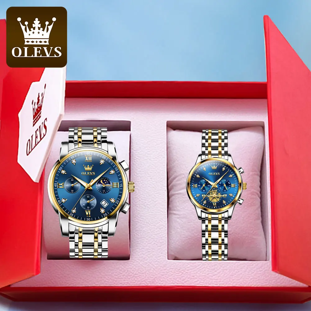 OLEVS Top Luxury Brand Couple Watches Waterproof Stainless Steel Original Quartz Watch His and Hers Romantic Lovers Watch Set