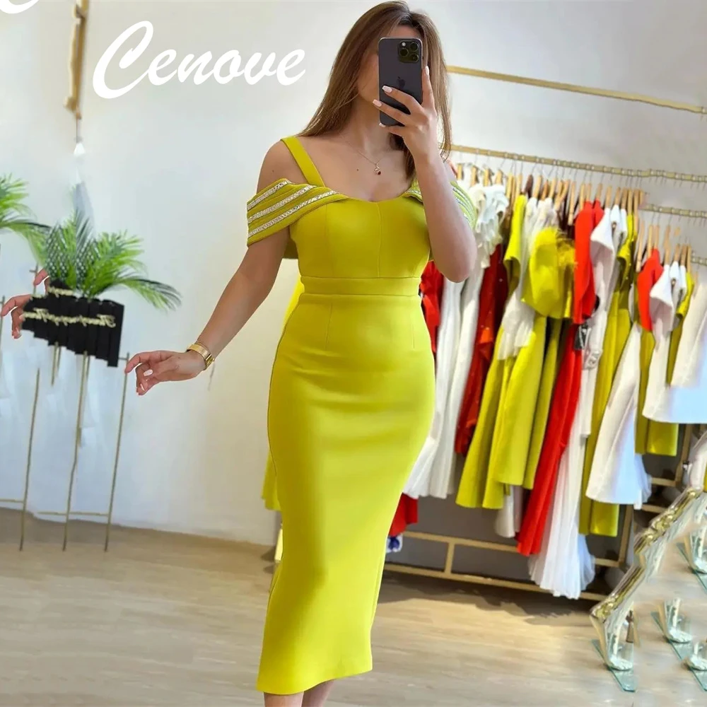

Cenove Off The Shoulder Neckline Prom Dress Tea-Length With Short Sleeves Evening Summer Party Dress For Women2023