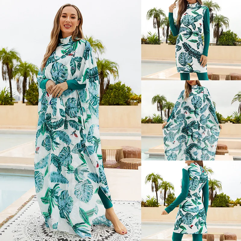 

4pcs Set Swimwears Women Printed Stretch Full Cover Hijab Long Sleeves Sport swimming Togs Lslamic Burkinis Wear Bathing Suit
