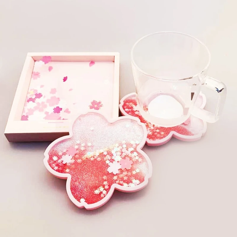 Cherry Blossom Glitter Coasters Silicone Quicksand Flash Sakura Placemat Coffee Cup Mat Non-Slip Insulation Tea Pad Home Decor