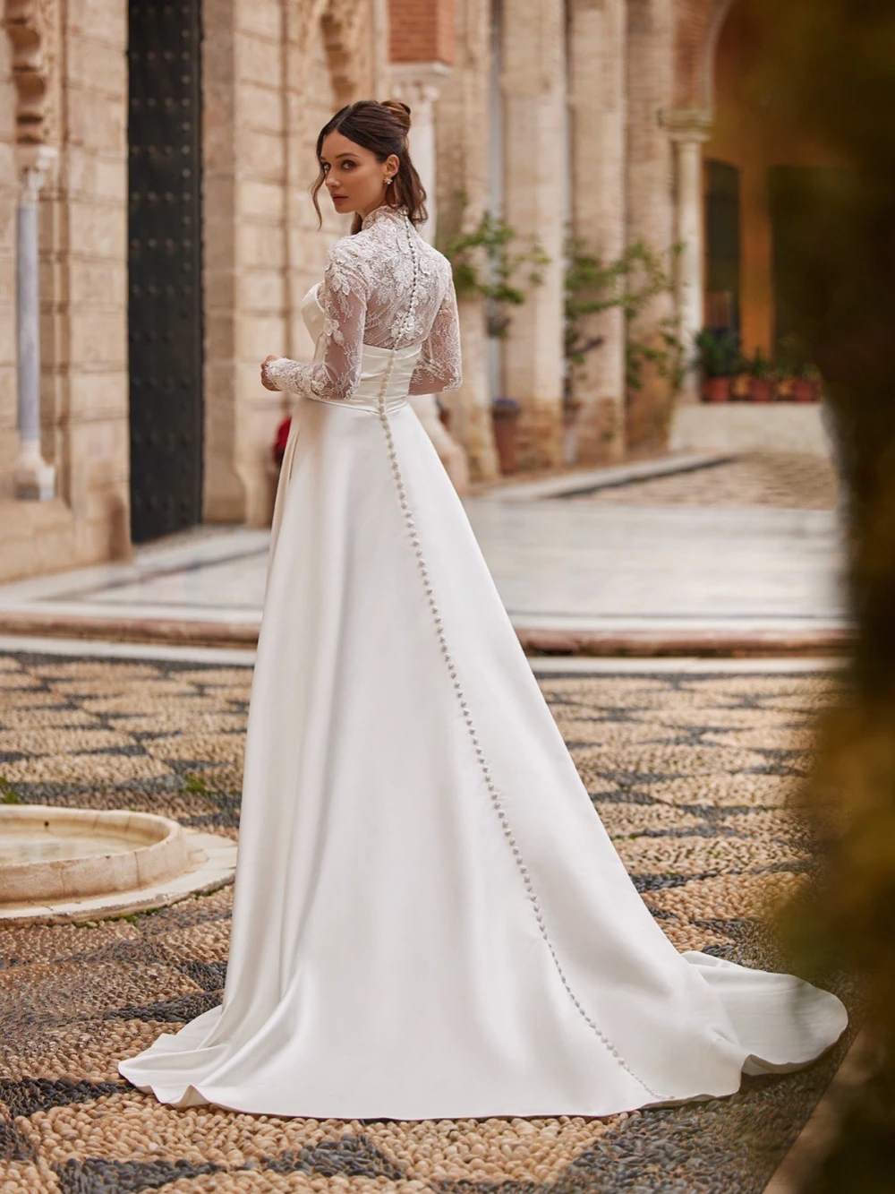 Modest High Collar Wedding Dress Sparkly Sequins Beads Bride Robe Graceful A-line Long Bridal Gown Customized Robe De Mariée