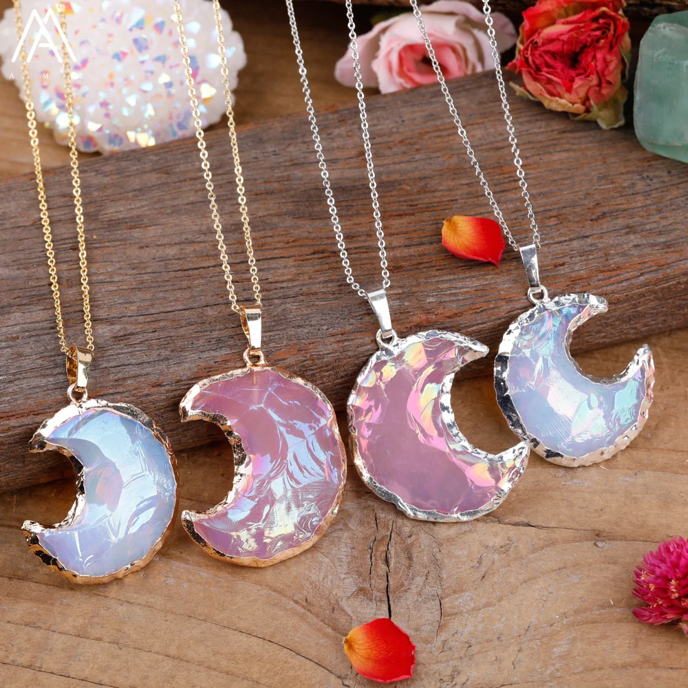 

Fashion Women Aura Roses Crystal Opal Moon Pendant Necklace,Crescent Moon India Agate Gemstone Boho Necklace Simple Jewelry Gift