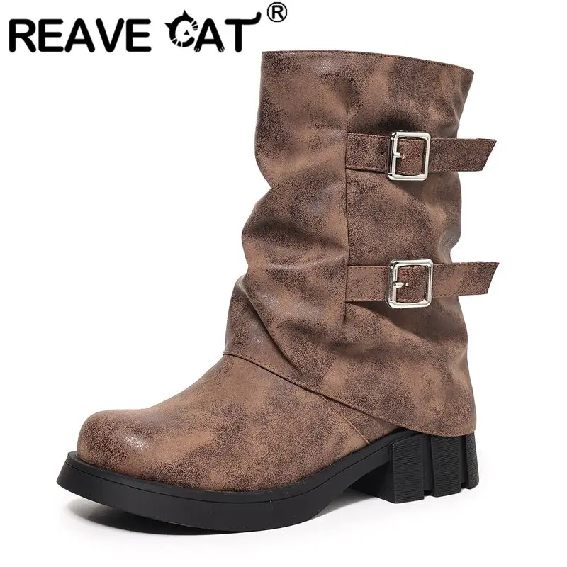 

REAVE CAT Cowgirl Western Boots Round Toe 4.5cm Thick Bottom Slip On Belt Buckles Plus Size 41 42 43 Leisure Daily Mid Calf Bota