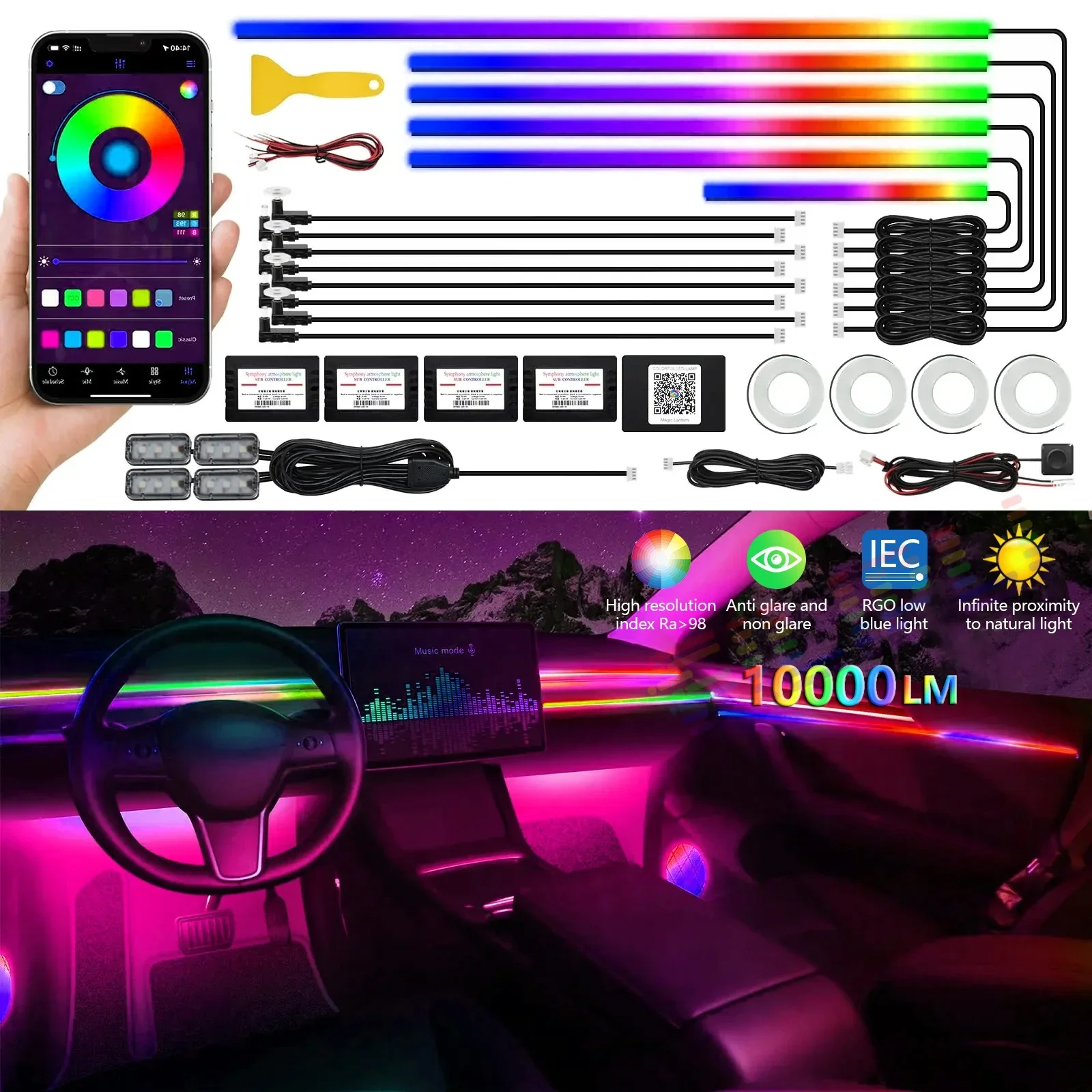 10000LM 22 In1 Full Universal Symphony Car LED Ambient Lights Decoration Atmosphere Lamp 64 RGB Colorful Streamer Rainbow App