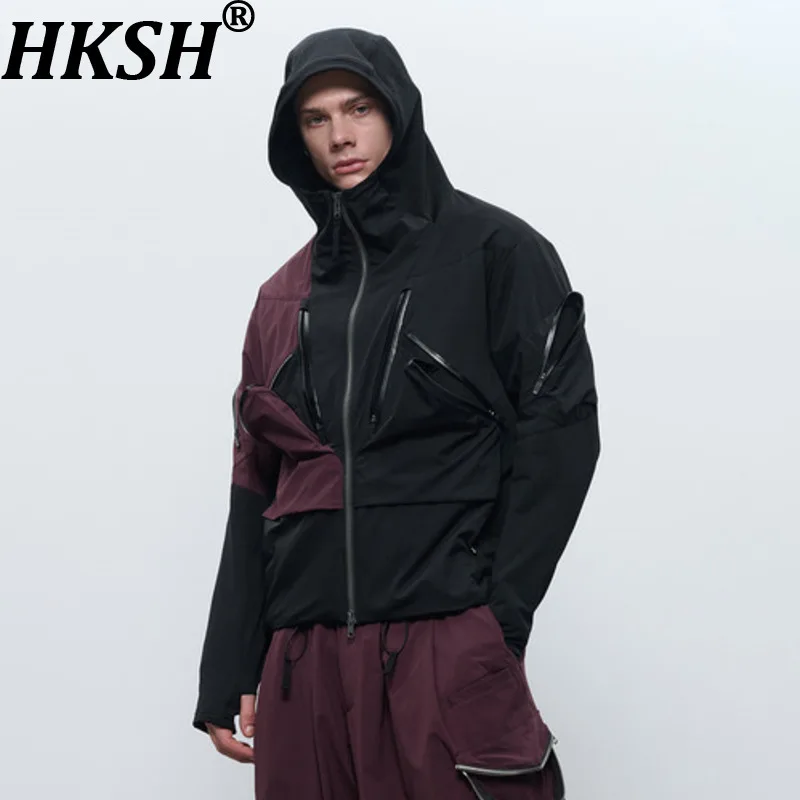 HKSH Spring Autumn New Men Tide Dark Punk Color Block Material Patchwork Avant-Garde Pocket Hood Jacket Chic Ins Fashion HK19068