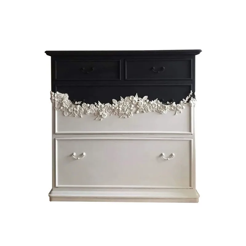 French retro solid wood carving flower bucket cabinet, black and white cream porch beech neoclassical storage TV cabinet wind