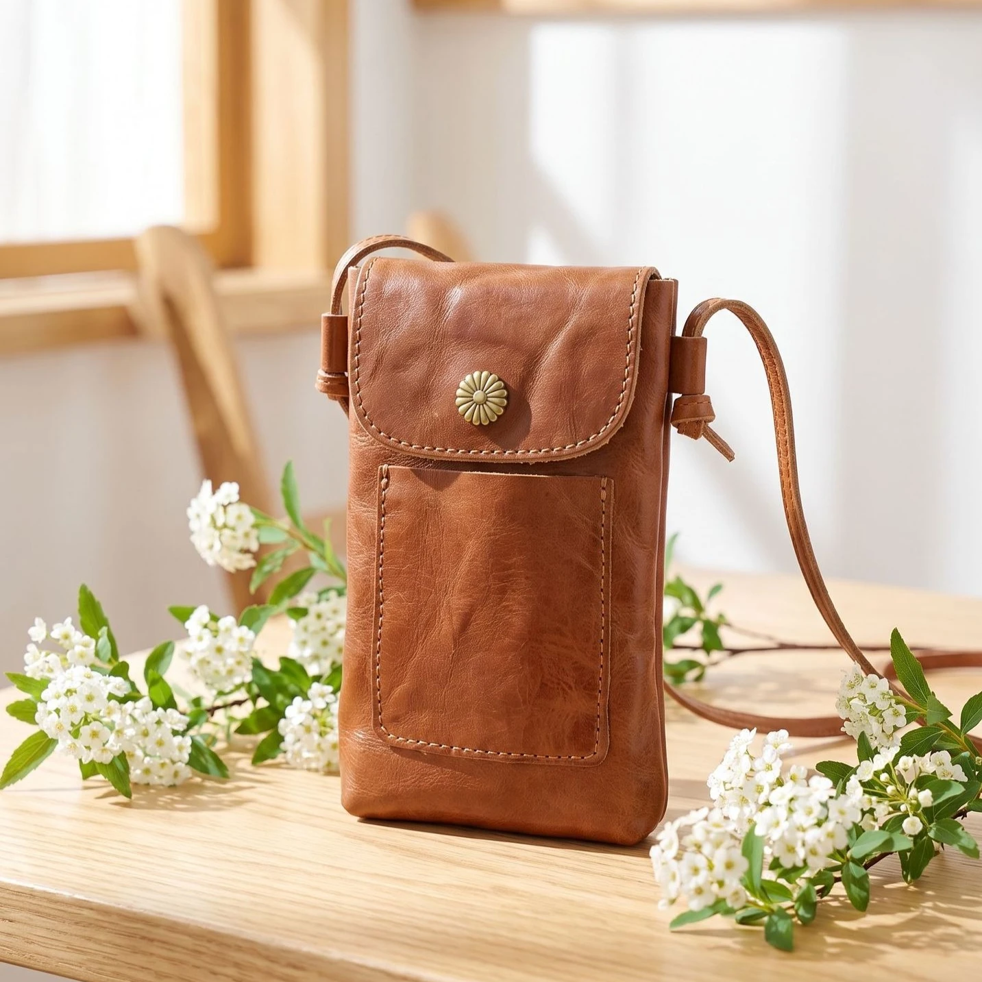 Genuine Leather Crossbody Phone Bag for Women Snap Button Flap Small Shoulder Purse with Adjustable Strap Card Slot Daily Use