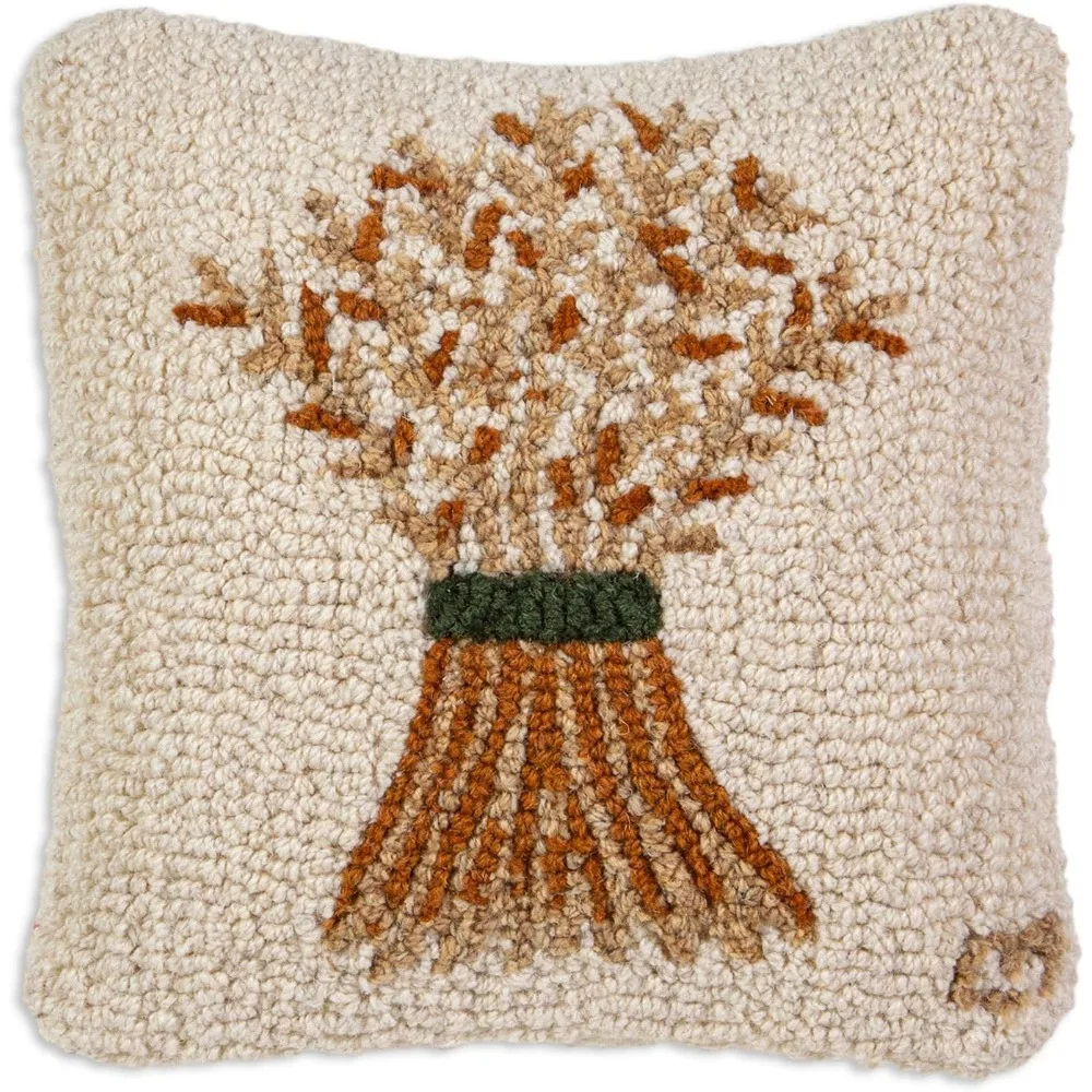 

Artist-Designed Wheat Sheaf Hand-Hooked Wool Decorative Throw Pillow (14 in x 14 in) Farm & Garden Pillow for Couches & Beds