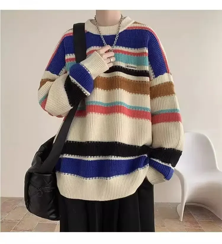 Jersey de punto a rayas a la moda American Lazy Wind, suéter de punto suelto con cuello redondo de Color de nuevo hechizo para otoño/invierno para hombre