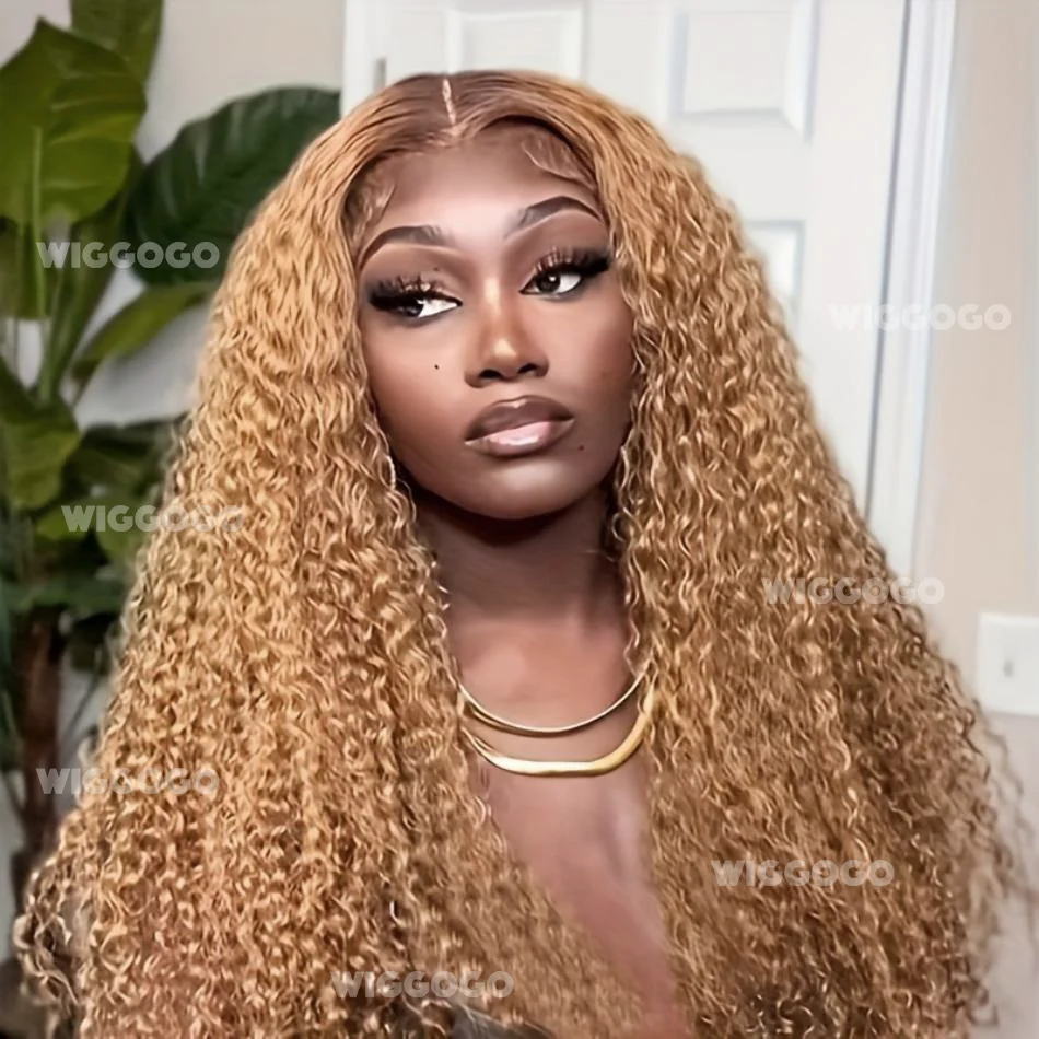 

30-дюймовый парик из вьющихся волос на шнуровке спереди # 27 Медовый блондин парик 13X4 Человеческие волосы 13X6 Кружева Фронтальная глубокая волна Предварительно сорванные парики для женщин