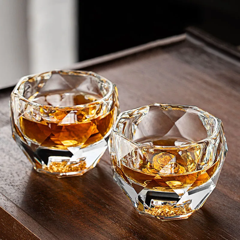 1PC 50ML Crystal Shot Glasses Facet Design for Whisky Black Tea Double Bottom Glass Inlaid with Gold Foil or Turquoise Drinkware