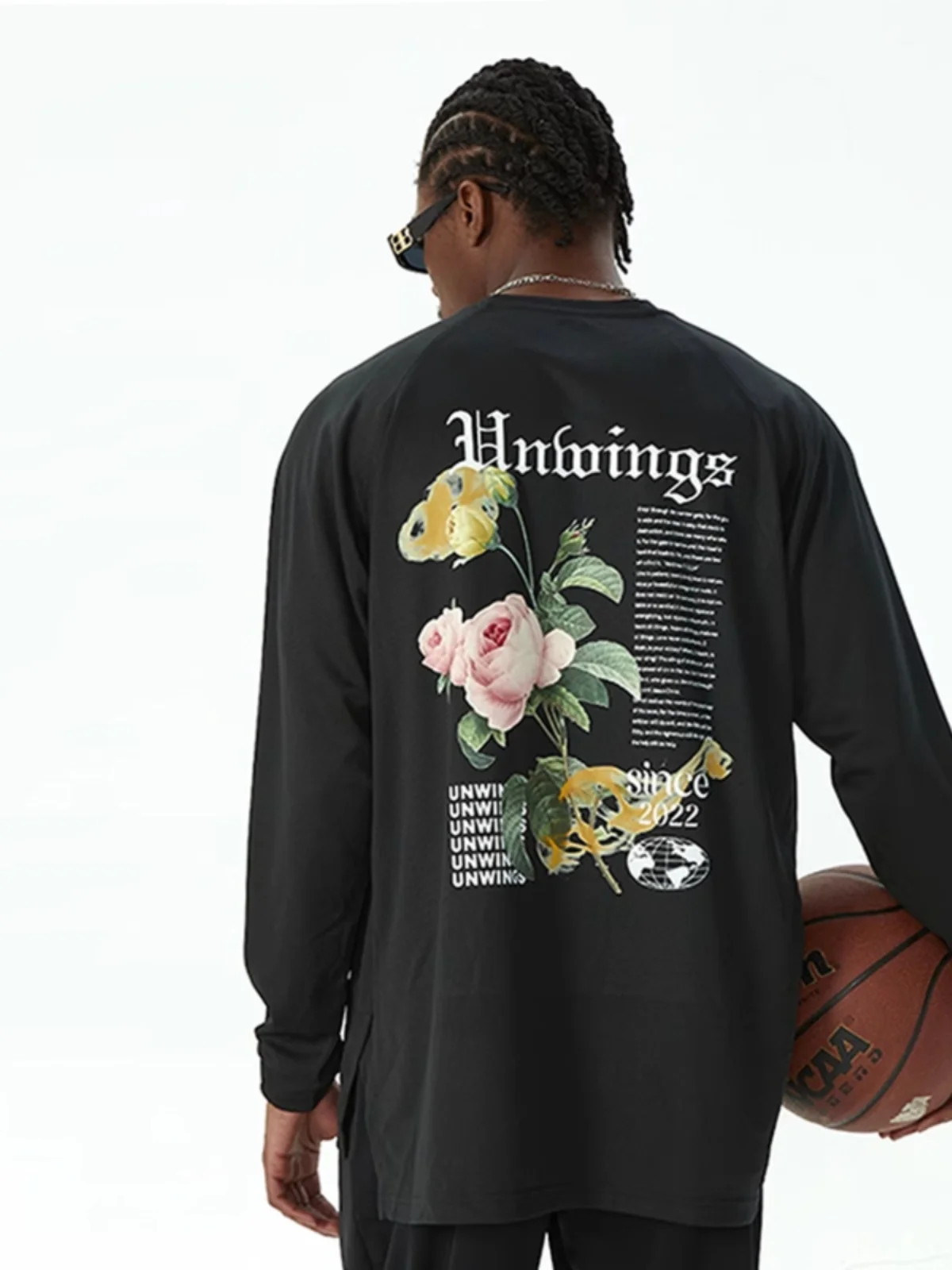 

FOAG summer sports sweat training flower printing quick-drying long-sleeved American teenagers shooting clothes loose T-shirt