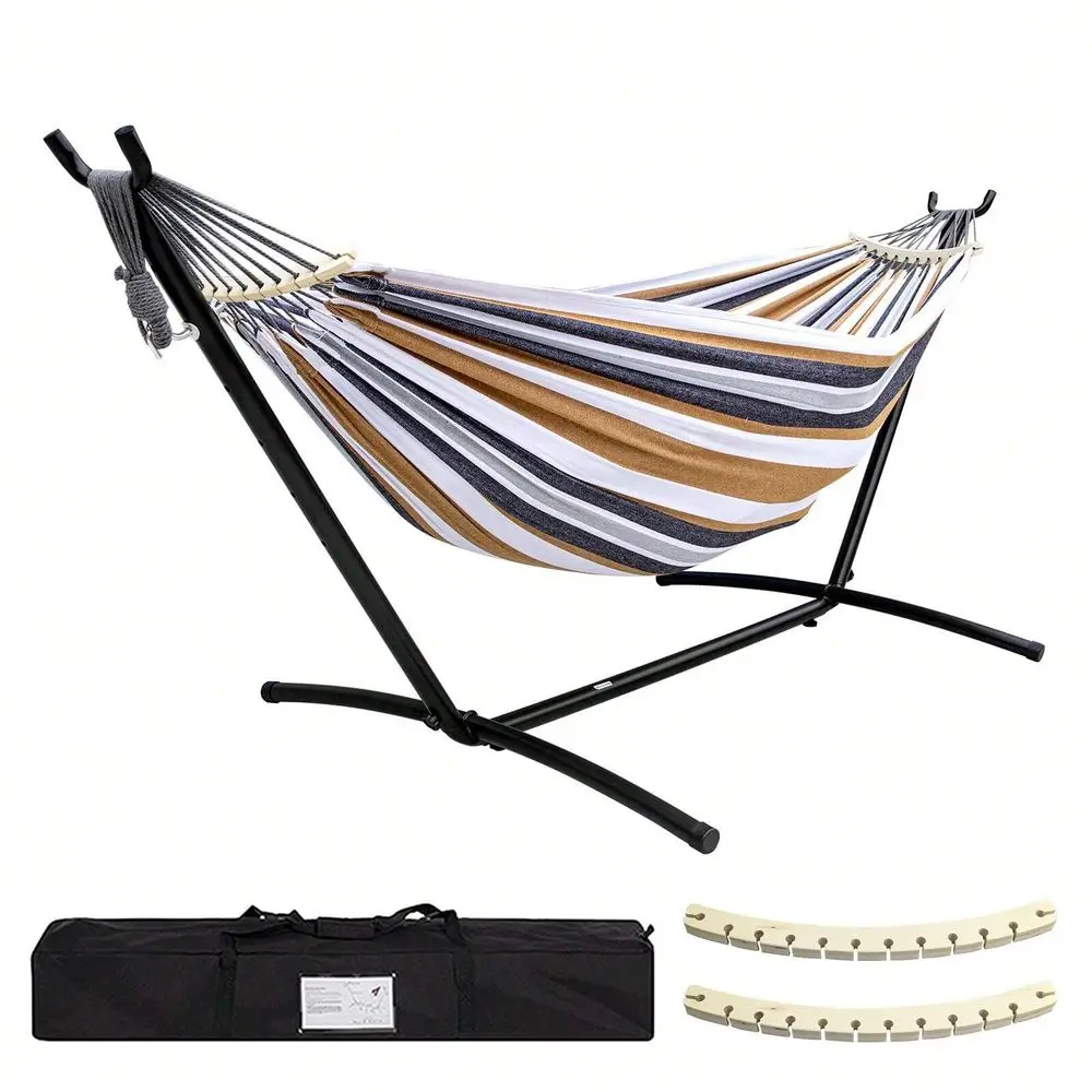 

Double Hammock With Stand Included 450lb Capacity Steel Stand, Premium Carry Bag Included And Two Anti Roll Balance Beam