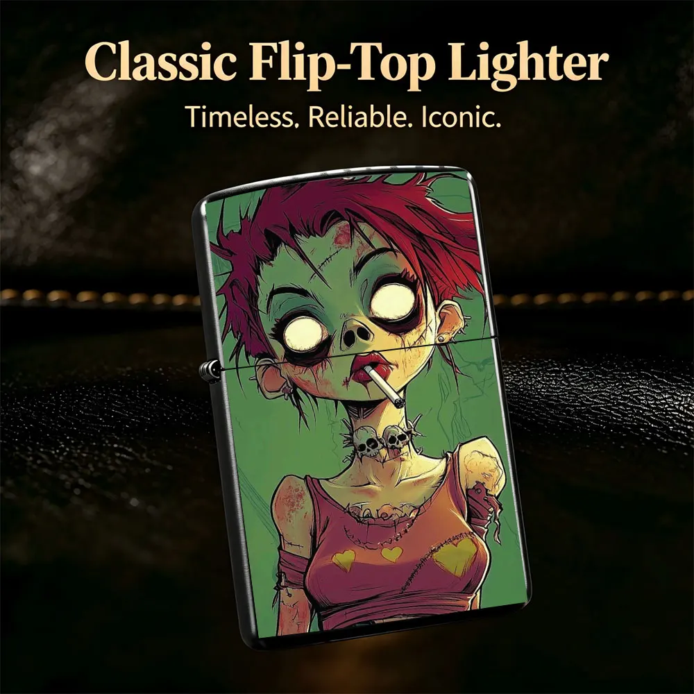 Pocket Lighter, Flip Top Design, Metal Shell, Zombie Girl with Red Hair Smoking Cigarette Print, Windproof Flame, Adjustable Flame, Comfortable Grip, Portable Durable, Cool Personality Gift