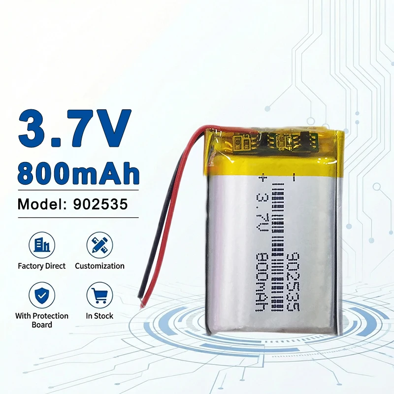 

Аккумулятор литий-полимерный перезаряжаемый 902535 3.7В 800мАч со стабильным выходом для бытовой электроники (аналоги 902025, 902030, 902035, 902040)