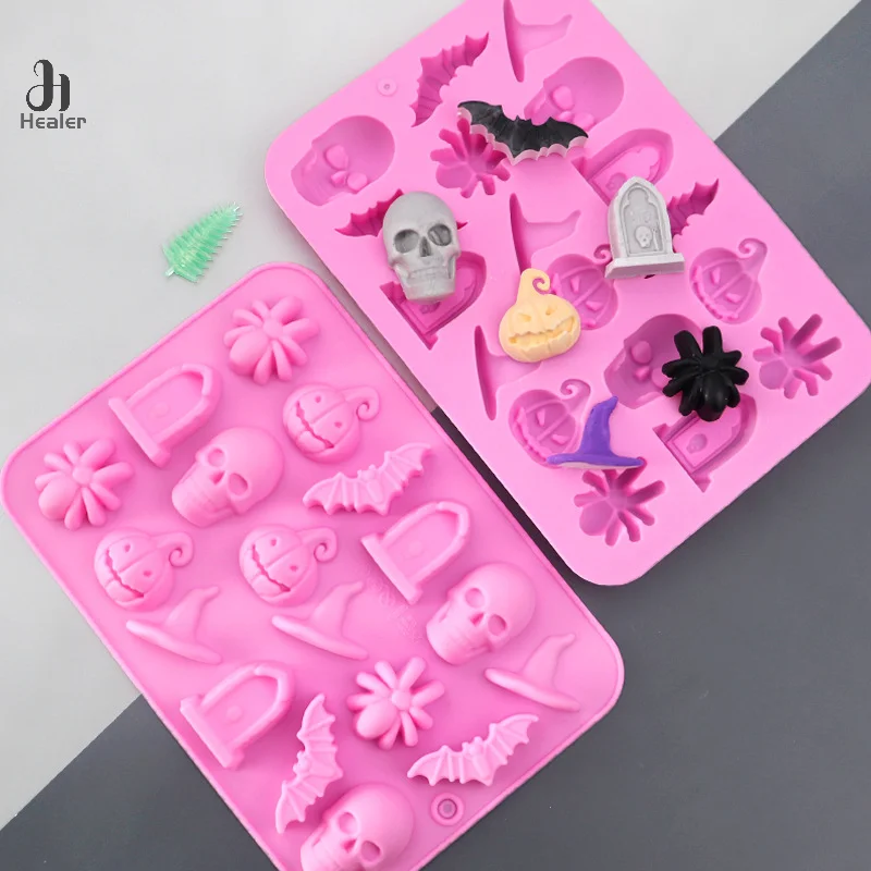 1Pc 18Cavities Halloween Silicone Molds Ghost Pumpkin Bat Skull Witch Hat For DIY Halloween Chocolate Candy Baking Mold