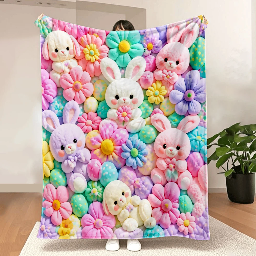 1PC Pastel Bunny Print Blanket-Made of Soft, Fluffy Flannel, Perfect for a Sofa or Bed. a Lovely and colorful Holiday Decoration