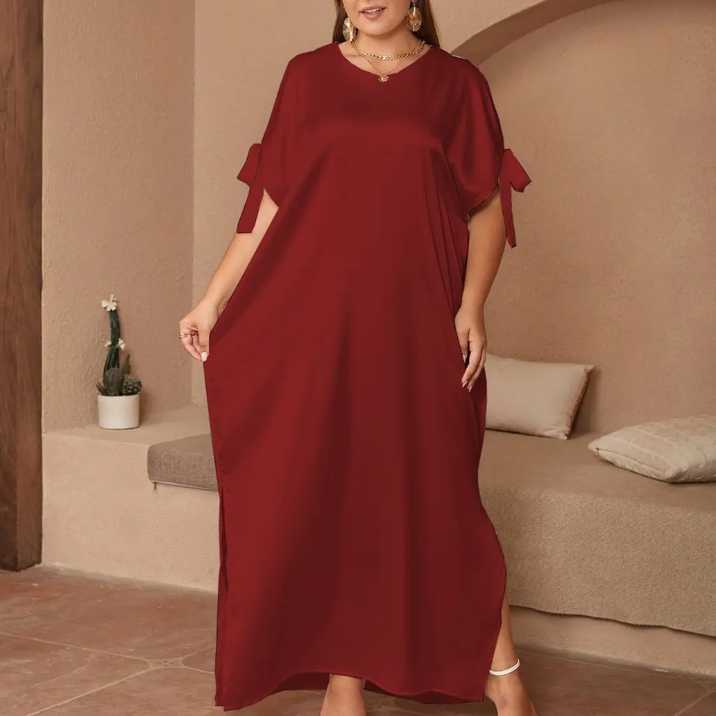 

plus Size Solid Color Crewneck Bow Split Long Dress for Middle East Women Elegant Comfortable Loose Gown