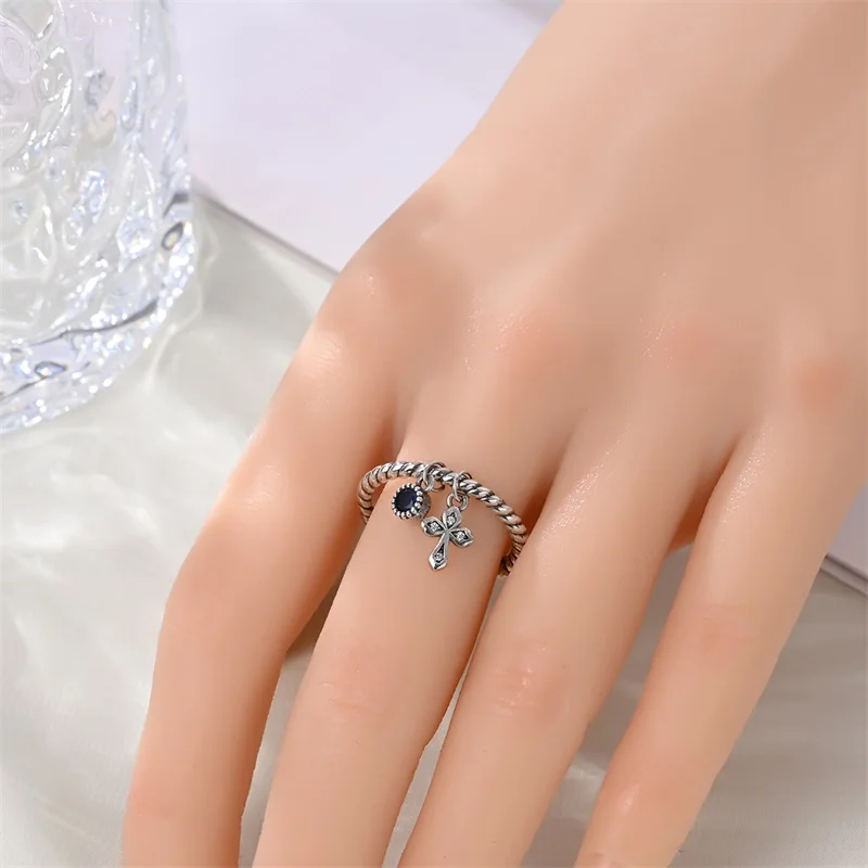 クラシックオリジナル 925 スターリングシルバーレトロスタイルブルージルコンクロス調節可能なオープンリング女性女の子ジュエリー誕生日ギフト