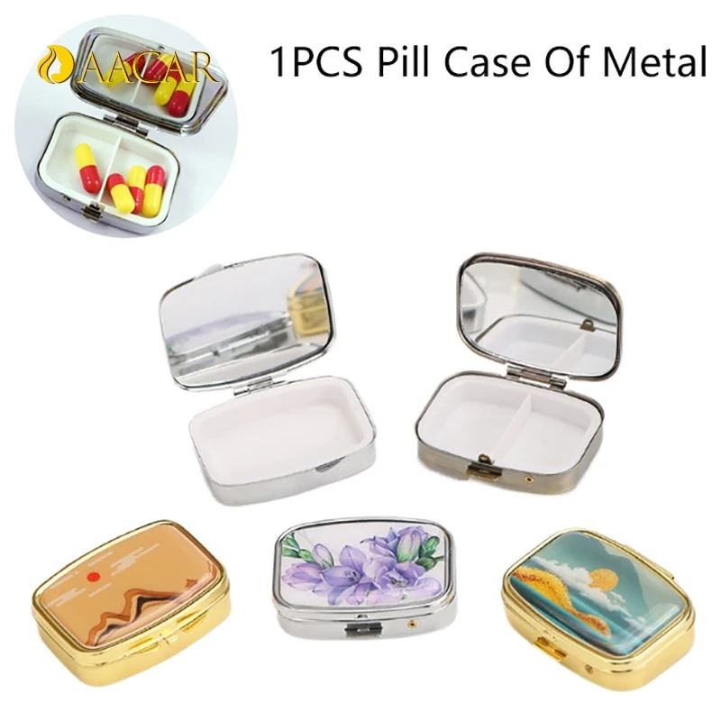 1PC Square Portable 2 Cell Folding Metal Pill Boxes Medicine Organizer Container Medicine Case Splitters Pill Candy Box