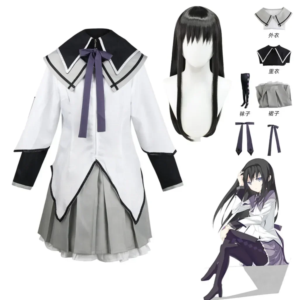 Anime Magical Puella Magi Madoka Magica Homura Akemi Cosplay Costume Fighting Uniforms Wig Socks for Mahou Shoujo Comic Con