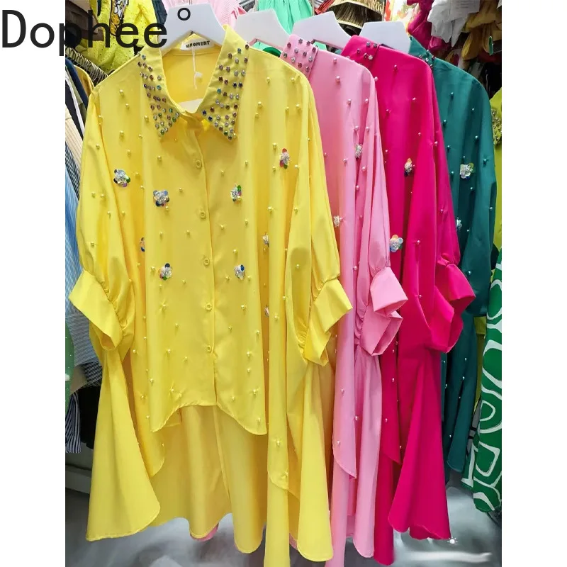 

Candy Color Irregular Women Blouses New Spring Summer Batwing Sleeve Sunscreen Shirt Diamonds Beads Mid-long Loose Lady Blouses