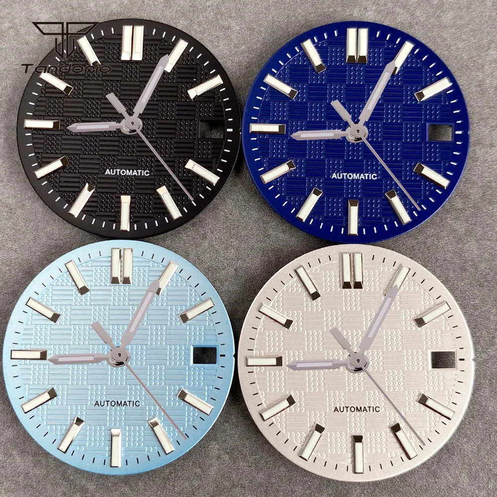 28,5mm NH35 Uhrenzifferblatt+Zeiger-Set Steriles Struktur-Gittermuster Datum Markierungen Leuchtend Passend für Engineer-Stil Armbanduhrteile