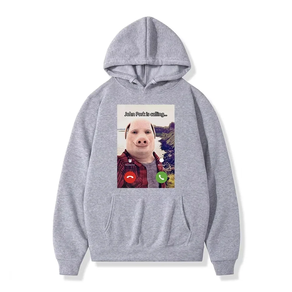 2026 John Pork Is Calling Answer Call Phone Hoodie Humor Funny Pig Meme Graphic Hoodies  Fashion Long Sleeve Pullover Unisex