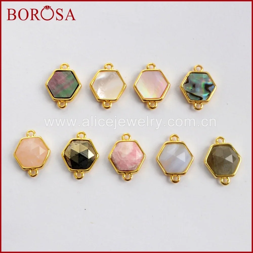 

New 10Pcs 13mm Hexagon Multi-kind Faceted Natural Stones Connectors Gold Plated Bezel Natural Labradorite Charms for Necklace