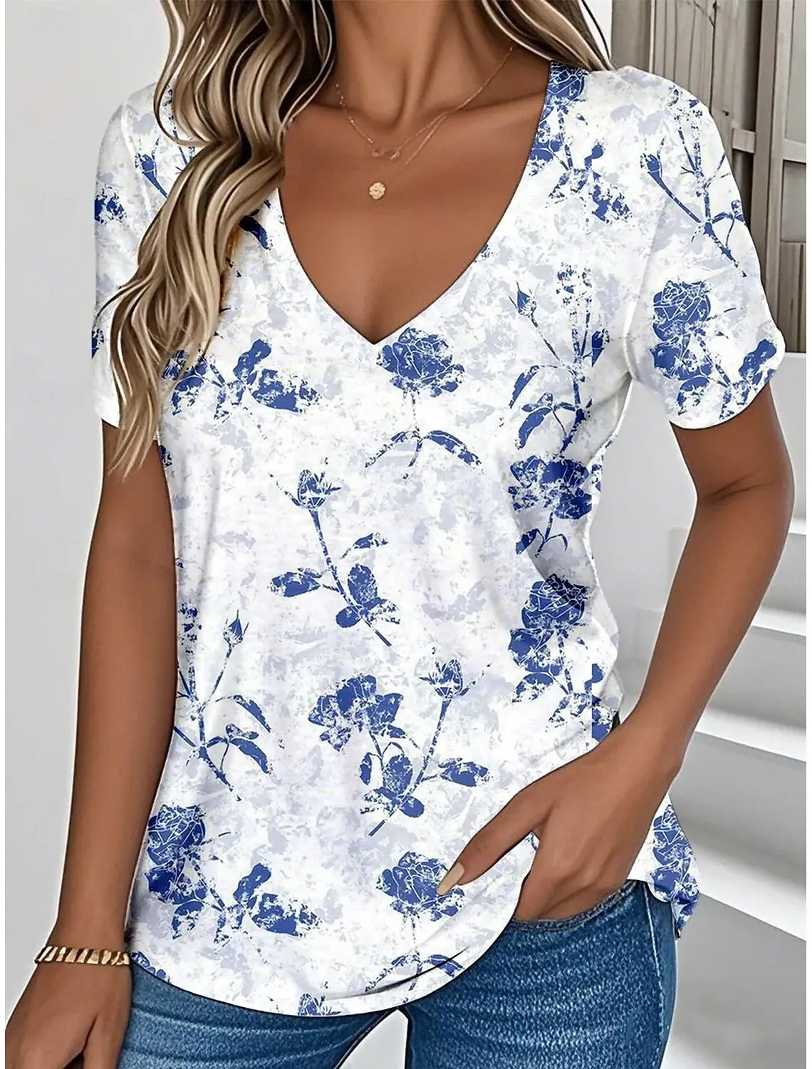 3D printed short-sleeved floral small fresh printed female v-neck pullover T-shirt summer loose women's casual short-sleeved top