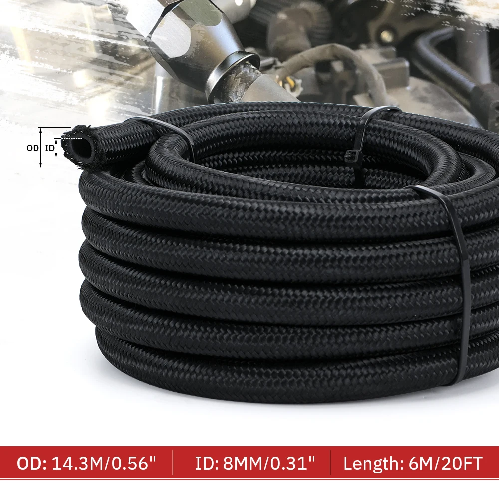 6Meter/20FT AN6  6AN Oil Fuel Fittings Hose End 0+45+90+180 Degree Stainless Steel Braided Oil Fuel Hose Line Black With Clamps