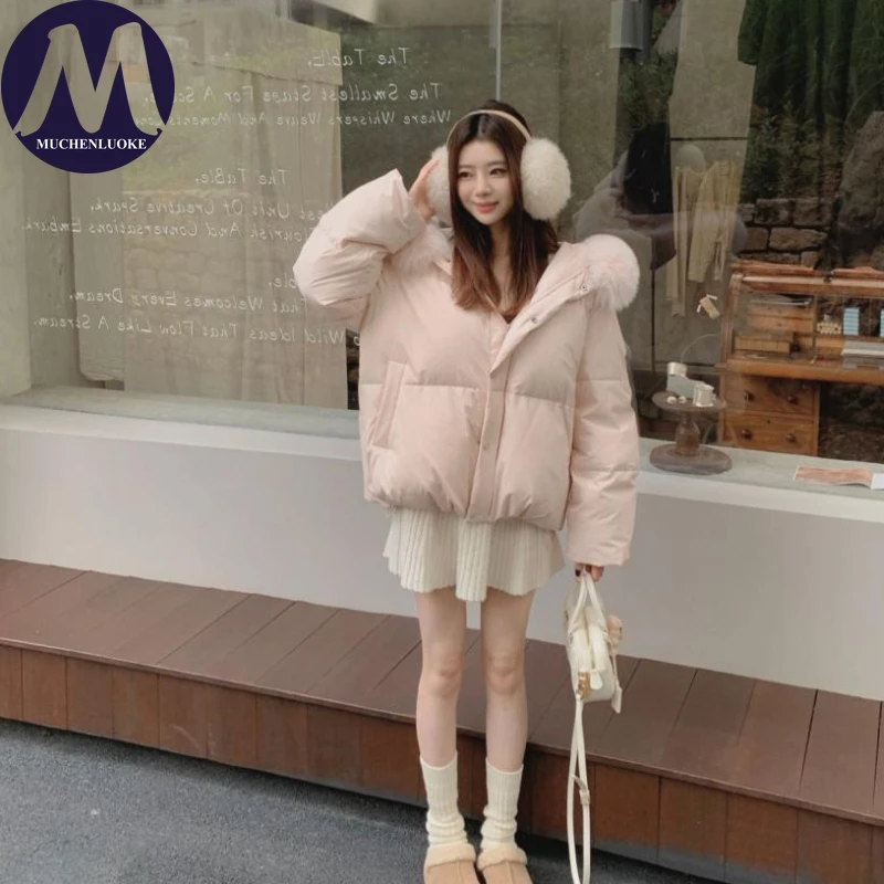 여성용 후드 겨울 다운 재킷 우아한 모피 칼라 두꺼운 캐주얼 루즈 숏 한국 패션 파카 따뜻한 코트