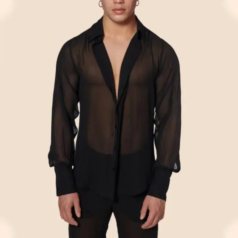 

New Arrivals Men Sexy Long-Sleeved V-neck Turn-down Collar Single-Breasted Shirt Men Mesh See-through Loose Shirt Summer And Aut