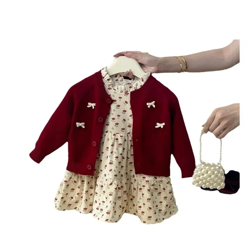 Childrens Clothing Set 2024 New Autumn Baby Fashion Cardigan Dress Spring and Autumn Casual Two-piece Set Trendy